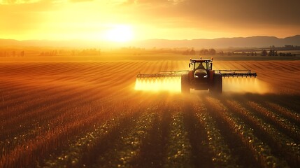 Fototapeta premium Sunrise Spraying Tractor Field Agriculture Farming