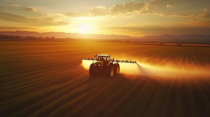 Fototapeta premium Sunrise Spraying Tractor Field Agriculture Farming