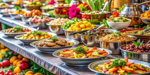 Obraz premium Exquisite Wedding Reception Food Spread Featuring Appetizing Dishes for Guests to Enjoy at a Lavish Celebration