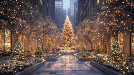 Fototapeta premium Urban Square with Towering Christmas Tree in Evening Glow