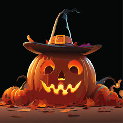 Pumpkin Wearing Witch Hat .