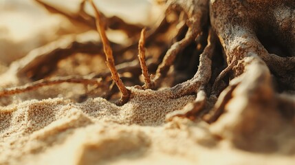 Close-up of a desert plant's roots and surrounding sand, with tiny grains and delicate textures of the plant's adaptation to the harsh climate