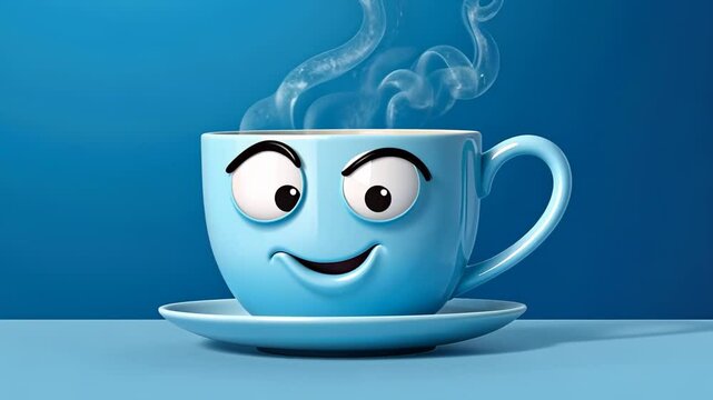 Cheerful blue coffee cup with steam smiling on a solid blue background, no to blue monday