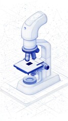 An advanced microscope, composed entirely from dots and lines on a white background with space for text.