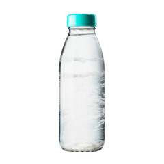 Naklejka premium Clear glass bottle filled with fresh water and a teal cap, isolated on a plain background