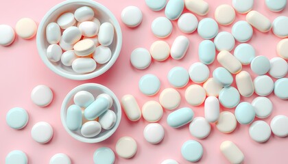 Colorful marshmallows on a pink background.