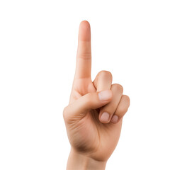 A person holds up one finger indicating a point or message in a minimalist setting