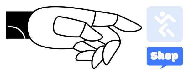 Robotic hand with a minimalist design pointing towards a shopping icon and a running figure icon. Ideal for technology, e-commerce, automation, robotics, and innovation themes. Simple line art style