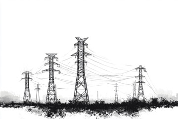 Stylized Monochrome Illustration of Electric Transmission Power Line Towers for Energy Design