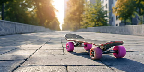 Skateboard rosa criativo em uma calçada urbana.