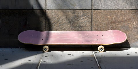 Skateboard rosa criativo em uma calçada urbana.