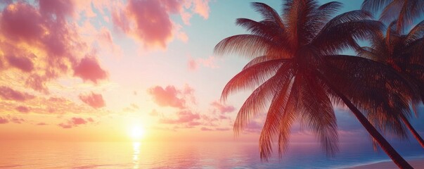tropical palm trees with vibrant sky background during sunset