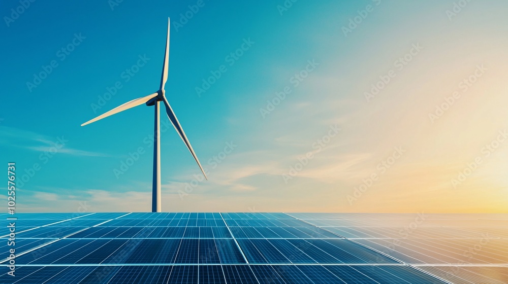 Wall mural a wind turbine and solar panel stand prominently against a backdrop of a blue sky, symbolizing the s