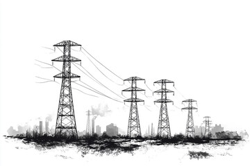 Monochrome Vector Illustration of High Voltage Power Line Towers: Electric Transmission Artwork