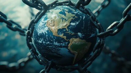 A conceptual image of Earth encased in chains, symbolizing environmental constraints and global challenges in conservation and sustainability.