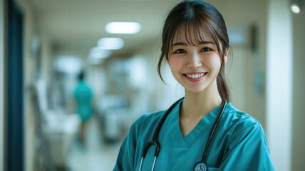 Fototapeta premium Smiling young Asian female nurse in scrubs standing in a bright hospital hallway