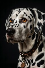 Close-up portrait of a distinguished Dalmatian dog with striking features against a dark background copy space