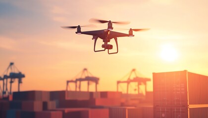 Drone flying over cargo containers during sunset, showcasing modern logistics and aerial technology in vibrant colors.