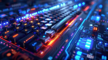 Obraz premium Close-up of a Futuristic RGB Gaming Keyboard with Illuminated Keys