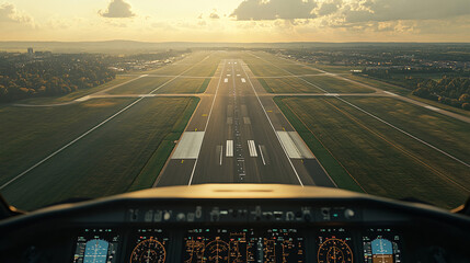 Cockpit pilot Flight Deck display. Throttle jet cabin with control panel plane. View in windows blue sky clouds, airplane pilot