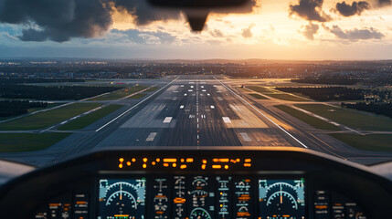 Cockpit pilot Flight Deck display. Throttle jet cabin with control panel plane. View in windows blue sky clouds, airplane pilot