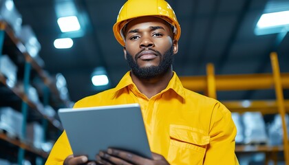 Confident worker in yellow hard hat using tablet in warehouse for logistics and inventory management.
