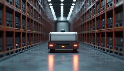 Autonomous delivery vehicle navigating through a spacious warehouse aisle, showcasing modern logistics technology.