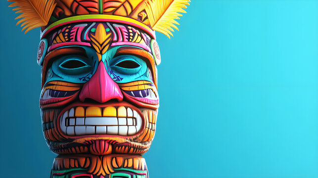 Colorful Polynesian tiki mask with intricate designs and vibrant colors - Powered by Adobe
