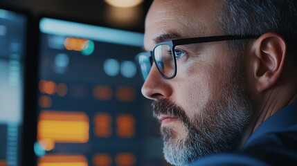 A focused man with glasses analyzing data on dual screens in a modern office environment.