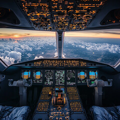 Cockpit pilot Flight Deck display. Throttle jet cabin with control panel plane. View in windows blue sky clouds, airplane pilot