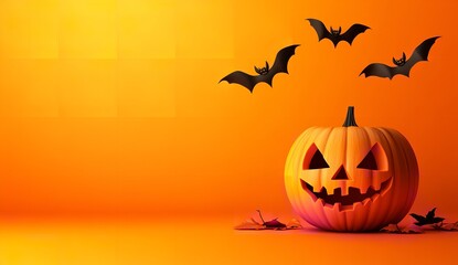 A jack-o'-lantern pumpkin and a Halloween trick-or-treat bag on an orange background with flying bats created with generative AI