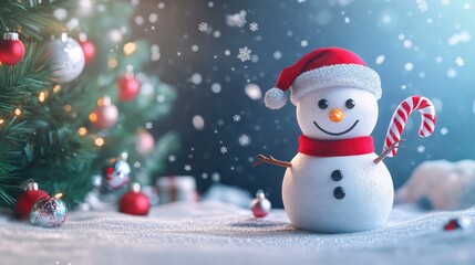 Fototapeta premium A whimsical snowman wearing a Santa hat and holding a candy cane, set against a backdrop of falling snowflakes and a decorated Christmas tree.