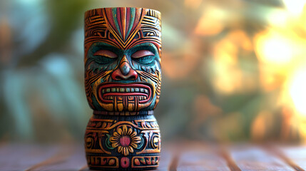 Sacred Polynesian tiki idol sculpture with vibrant colors and intricate details