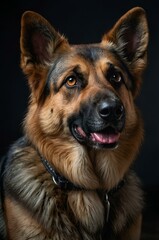 Loyal German Shepherd dog looking up with friendly expression on dark background