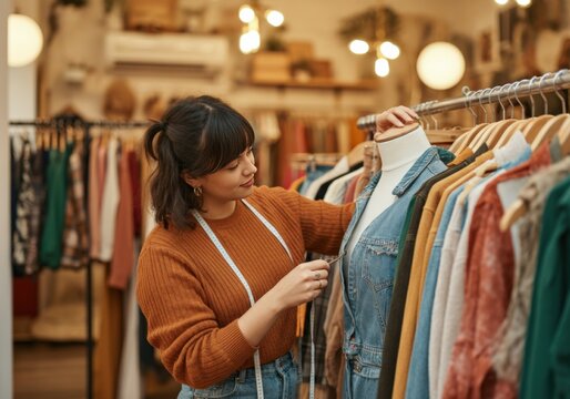 Female fashion designer using a measuring tape to adjust a denim jacket on a mannequin in a clothing store.