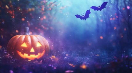 Fototapeta premium Pumpkin and bats in a Halloween background with vibrant, spooky lighting. Fairytale-like colors and cartoon fantasy style set the seasonal tone.