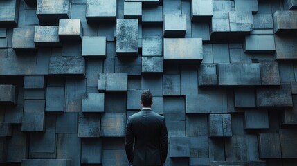 Businessman stands before a large abstract wall of grey cubes, contemplating challenges and opportunities in modern architecture and design.