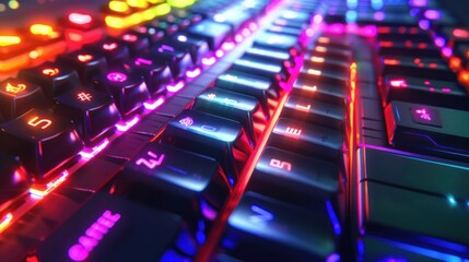 Fototapeta premium Close-up of a colorful illuminated gaming keyboard with glowing keys