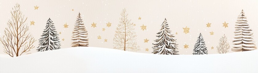 Winter landscape with trees, snow, and golden stars, serene scene.