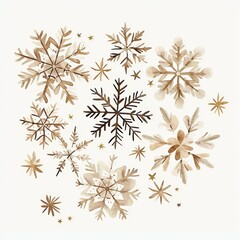 Winter snowflakes and stars in brown tones, white isolated background.