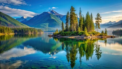 Fototapeta premium Early morning view of Lake Wenatchee with Emerald Island in the distance creating a beautiful depth of field effect