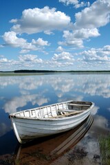 Obraz premium A weathered rowboat floating on calm lake with blue sky reflection