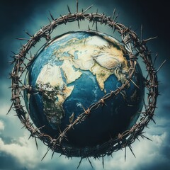 Earth surrounded by barbed wire symbolizing environmental protection, global issues, and the need for safeguarding our planet.