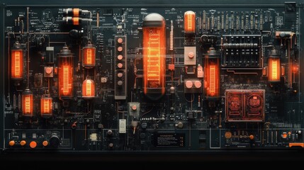 ultra complex fpc electrical board connected to many capacitors and nixie tubes extremely detailed cut sections graphs and information, many layer graphs and detailed,