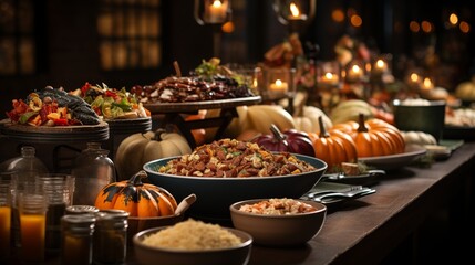 Obraz premium Traditional Thanksgiving Feast Turkey, Stuffing, Green Beans, and Pies on Rustic Table