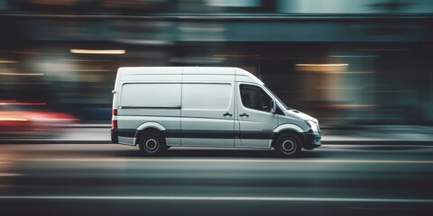 White commercial delivery van on the street with motion blur background