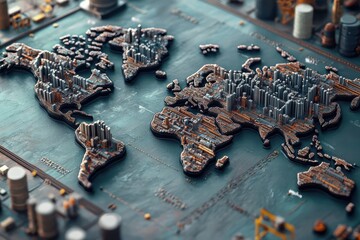Intricate 3D world map model representing global cities with detailed urban structures on a textured background.