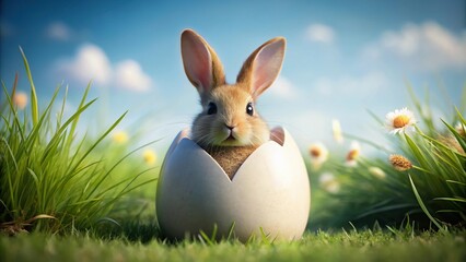 Easter bunny peeking out from behind a giant egg with depth of field