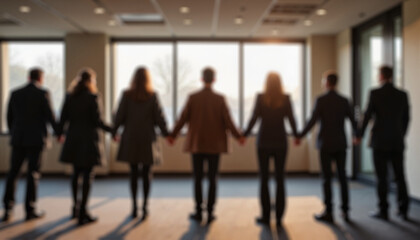 Fototapeta premium Blurred office themed background, team holding hands in a circle against large windows symbolizing unity and cooperation.