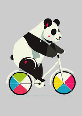 Dieser fröhliche Panda fährt auf einem bunten Fahrrad im geometrischen Design.Mit klaren Formen und lebhaften Farben ist dieses Motiv perfekt für Liebhaber von humorvollen und kreativen Illustrationen